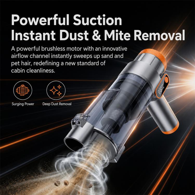 Handheld car vacuum cleaner angled with suction airflow swirl in clear dust tube
