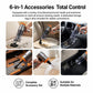Handheld vacuum cleaner with orange accents and multiple brush attachments