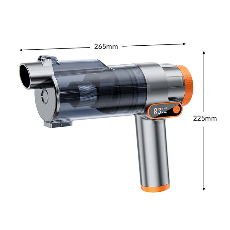 Silver handheld vacuum blower with orange grip and transparent dust canister