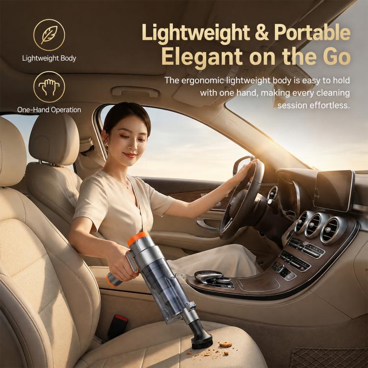 Handheld car vacuum cleaner being used inside a car to clean near the seat
