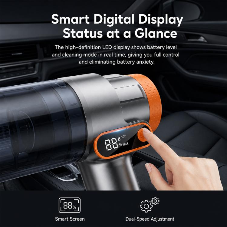 Handheld car vacuum cleaner with smart LED handle display, finger pressing controls