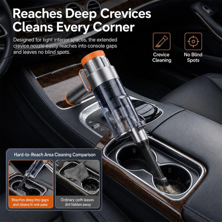 Handheld car vacuum cleaner cleaning console gaps with slim nozzle for detail areas
