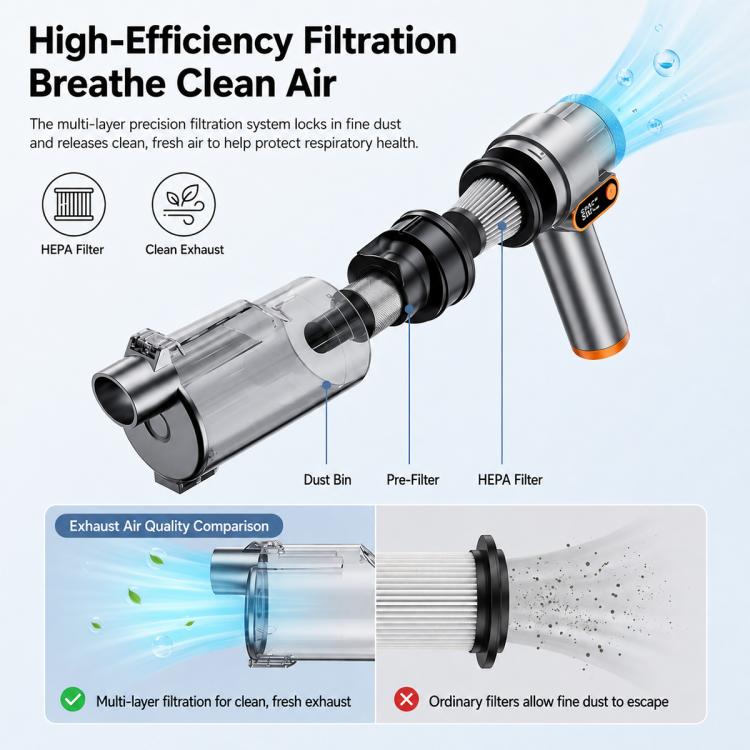 Handheld car vacuum cleaner with transparent dust container and visible filter system