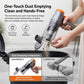 Handheld car vacuum cleaner showing one-touch dust bin release over a container