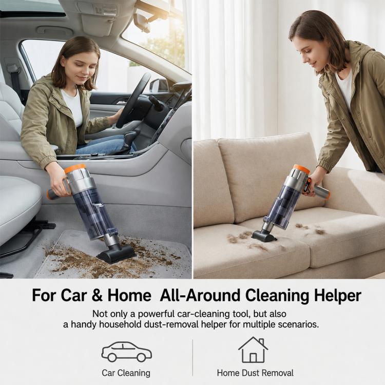 Handheld car and home vacuum cleaner, silver body with orange handle and nozzle