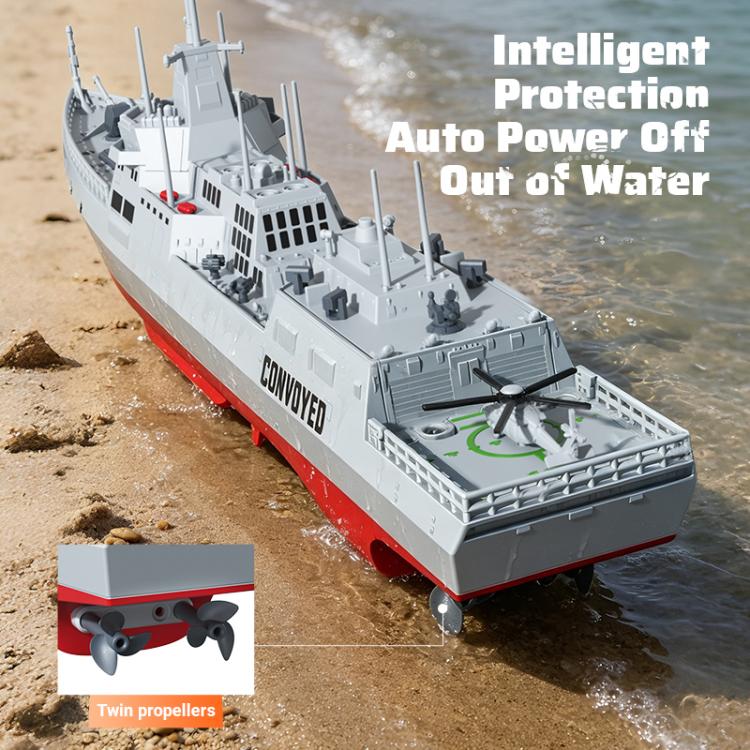 RC destroyer model on shore with gray deck, twin propellers detail inset