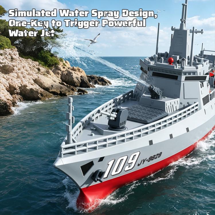 RC destroyer model with water spray jet effect, gray deck and red hull stripe