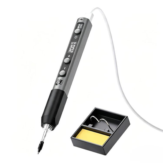Portable adjustable thermostatic soldering iron with white cable and stand