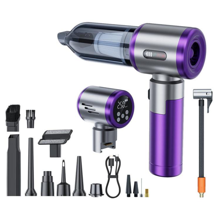 2-in-1 handheld car vacuum and tire inflator, silver and purple body with attachments