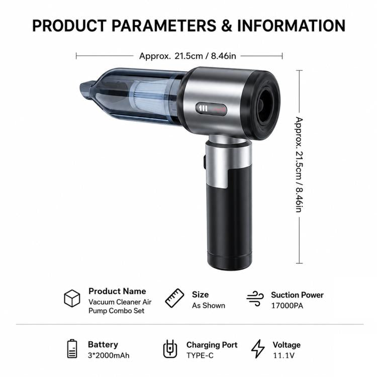 Handheld vacuum air pump combo shown with size and charging information