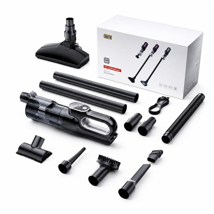 Cordless handheld vacuum cleaner kit with extension pole, floor brush, and assorted nozzles