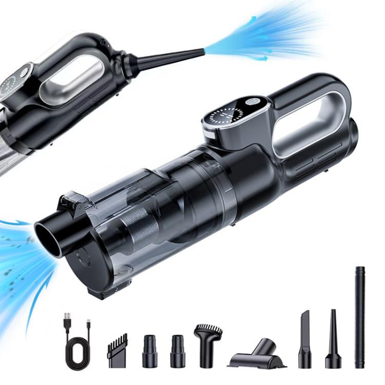 Cordless handheld car vacuum cleaner in black with silver accents and multiple attachments