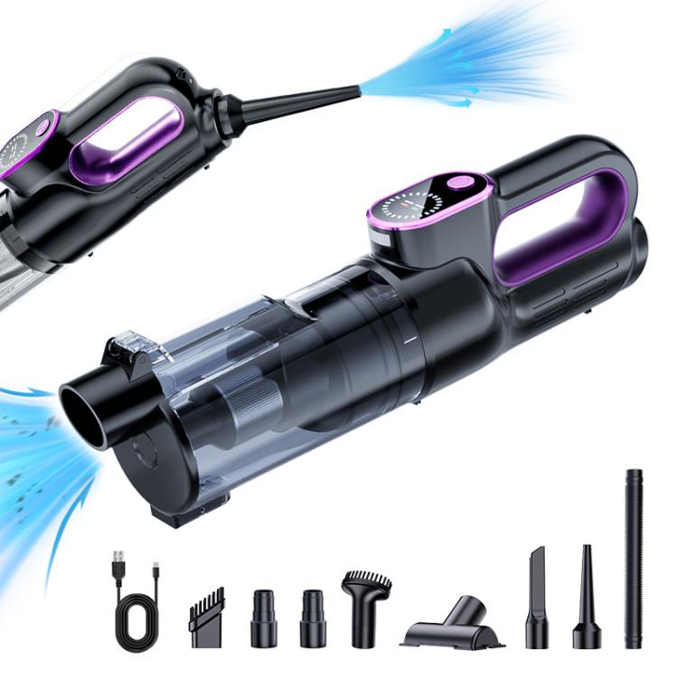 Cordless handheld car vacuum cleaner in black with purple accents and multi-nozzle attachments