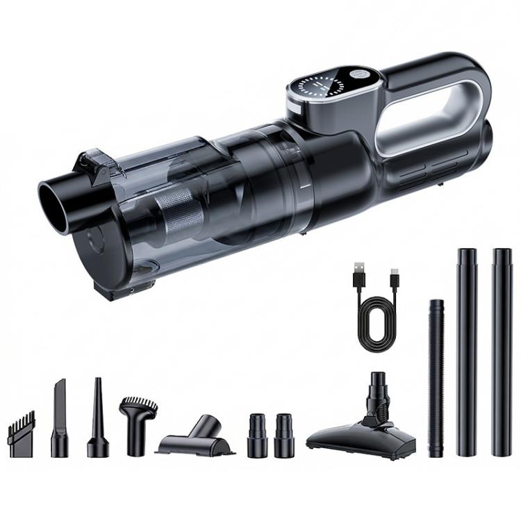 Black handheld car vacuum cleaner with built-in dust cup and included cleaning nozzles