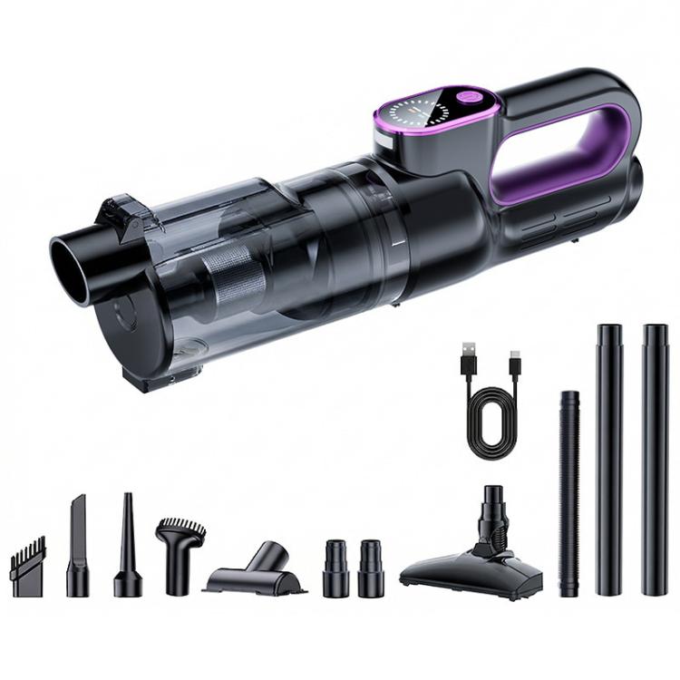 Black handheld car vacuum cleaner with purple display and included cleaning nozzles