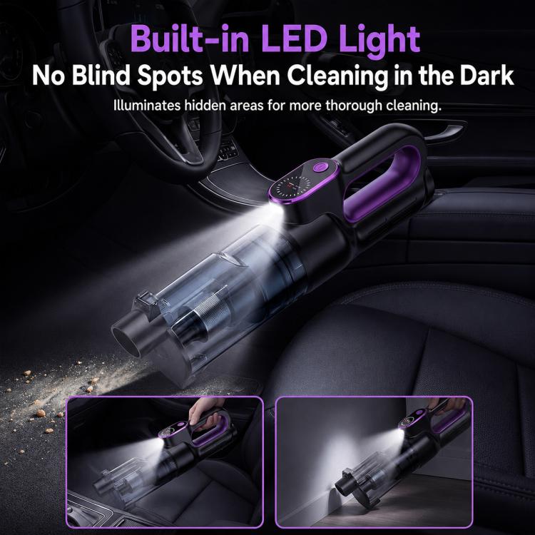 Handheld vacuum cleaner with built-in LED light at the nozzle and dust canister.