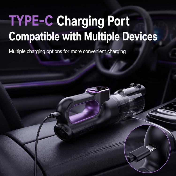 Handheld car vacuum cleaner with Type-C charging port and purple top handle.