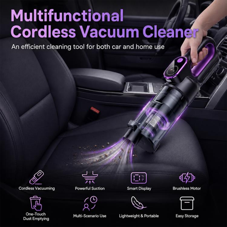 Handheld cordless car vacuum cleaner cleaning car seat upholstery with airflow