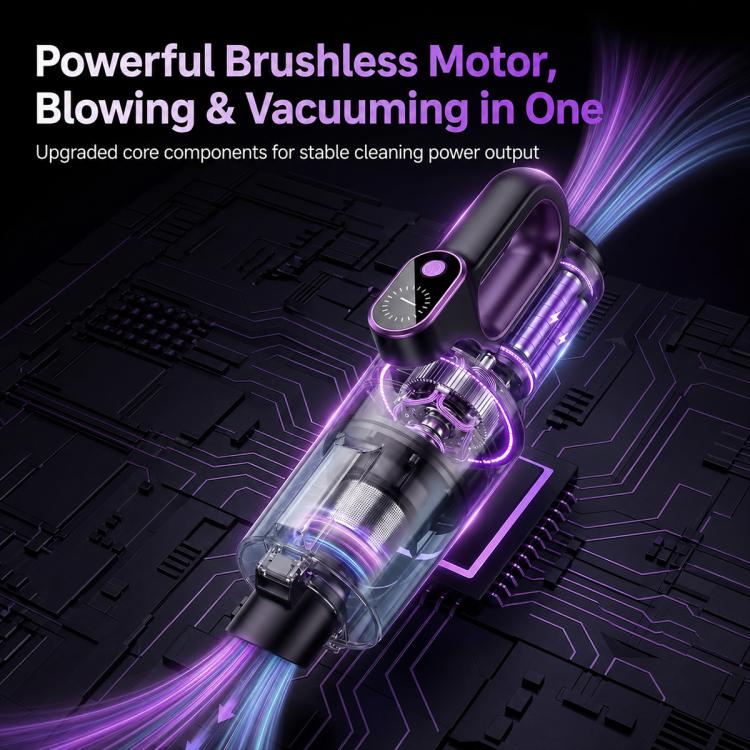 Cordless handheld vacuum cleaner with purple airflow on floor surface
