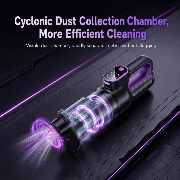 Cordless vacuum cleaner with transparent cyclonic dust chamber and purple-lit nozzle