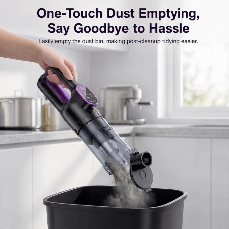Cordless handheld vacuum cleaner above dustbin for one-touch emptying, purple button