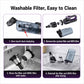 Handheld car vacuum cleaner with transparent dust canister and purple accents.