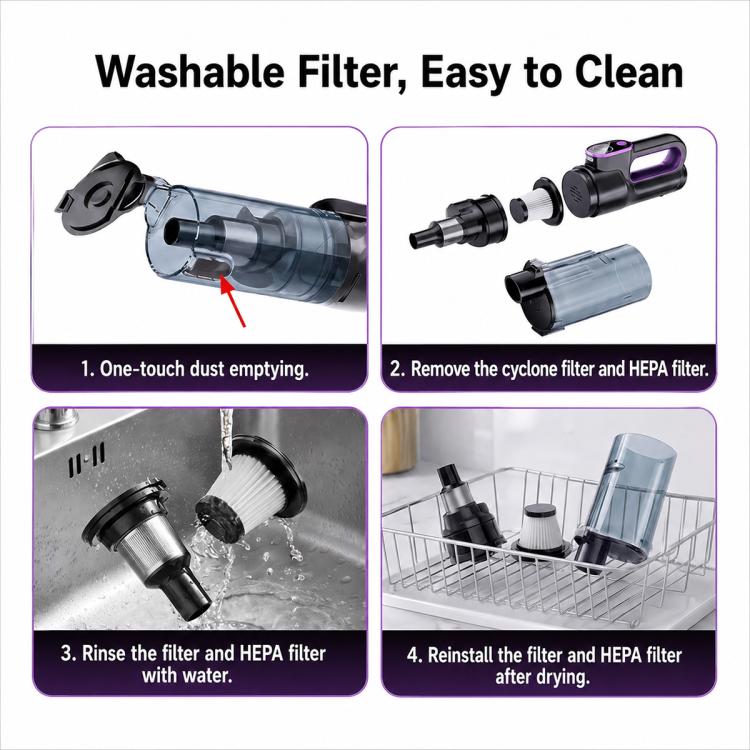 Handheld car vacuum cleaner with transparent dust canister and purple accents.