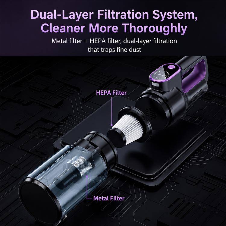 Handheld vacuum nozzle with purple control panel and transparent dust chamber.