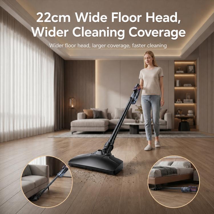 Cordless vacuum with wide floor head and extension wand for broad floor cleaning.