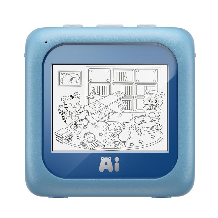 Blue kids printer front view with large screen and AI icon below