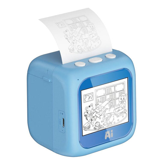 Blue kids printer angled view with front screen and top paper output