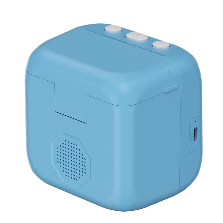 Blue kids printer side view with top buttons and side port opening