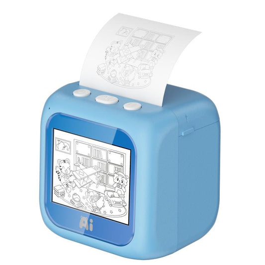 Blue kids printer with front screen and top paper feed, showing a line-drawing preview