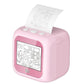 Pink kids printer with front screen and top paper output, showing a line-drawing page