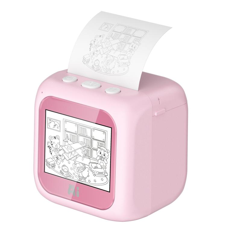 Pink kids printer with front screen and top paper output, showing a line-drawing page