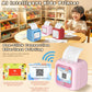 Pink kids printer with QR-style screen and paper output beside blue and red models