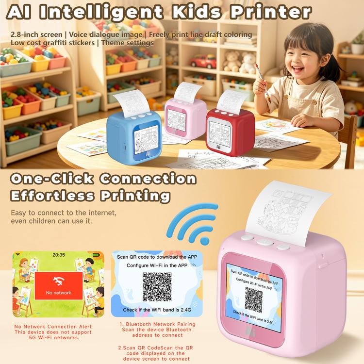 Pink kids printer with QR-style screen and paper output beside blue and red models