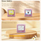 Kids AI printer with purple body, two screen views on a wooden display stand