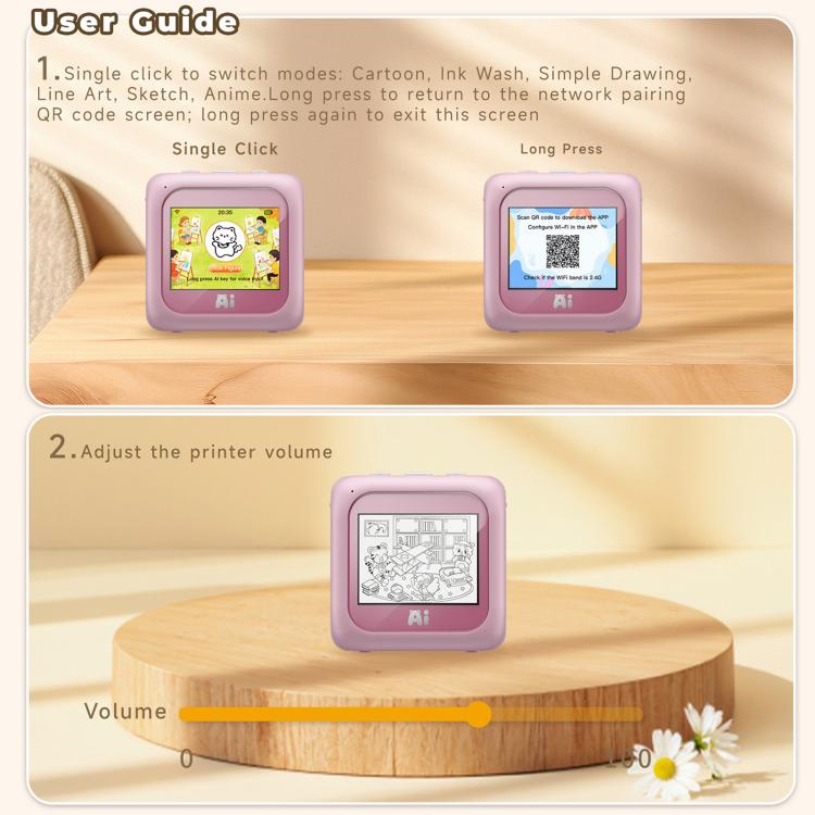 Kids AI printer with purple body, two screen views on a wooden display stand