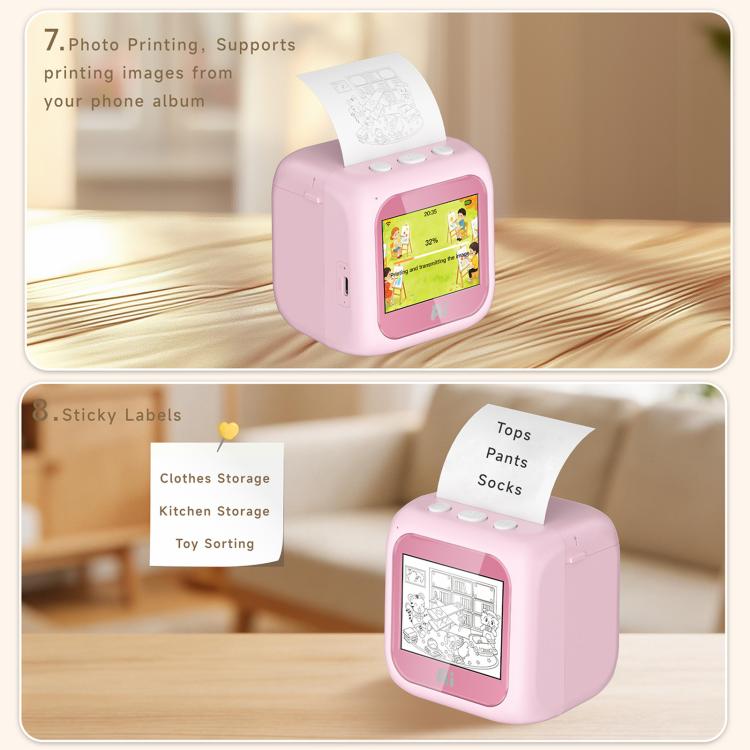 Kids AI printer with pink body, printing page and labeled sticky notes for sorting