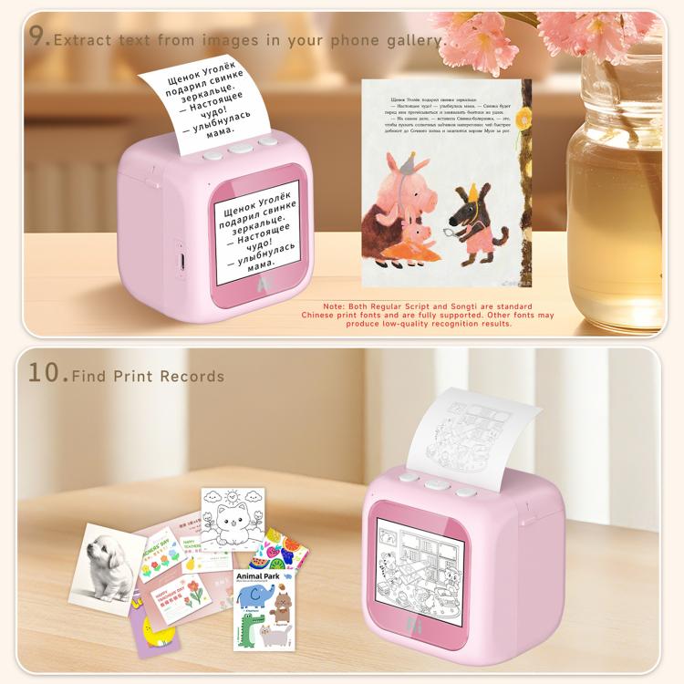 Pink kids printer with 2.8-inch screen and paper output tray