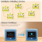 Two blue kids printers shown with theme download screens on their displays