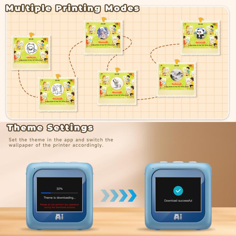 Two blue kids printers shown with theme download screens on their displays