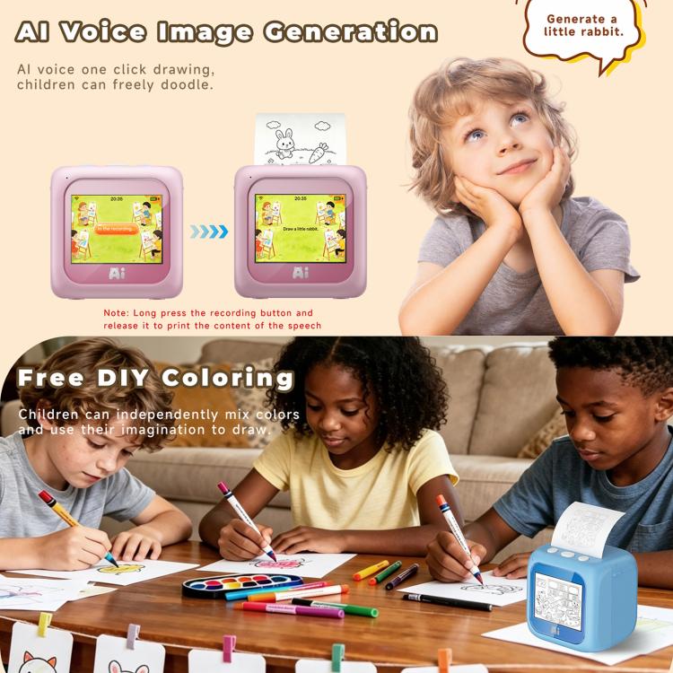 Kids AI printer with purple body and color screen, showing a drawing preview