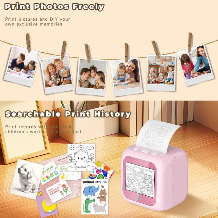 Kids AI printer with pink body on a table, screen visible with printed pages