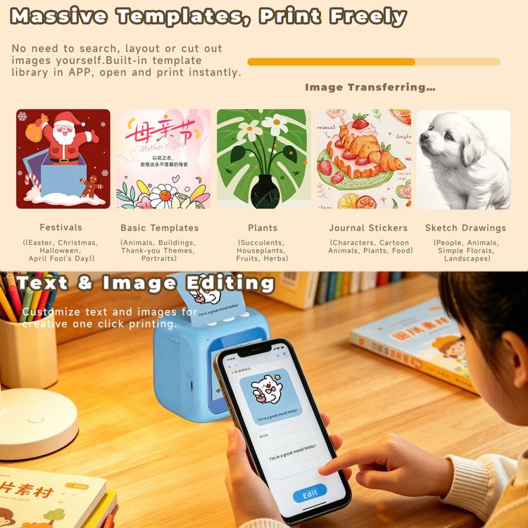 Kids AI printer with blue tabletop display, shows templates and image transfer icons
