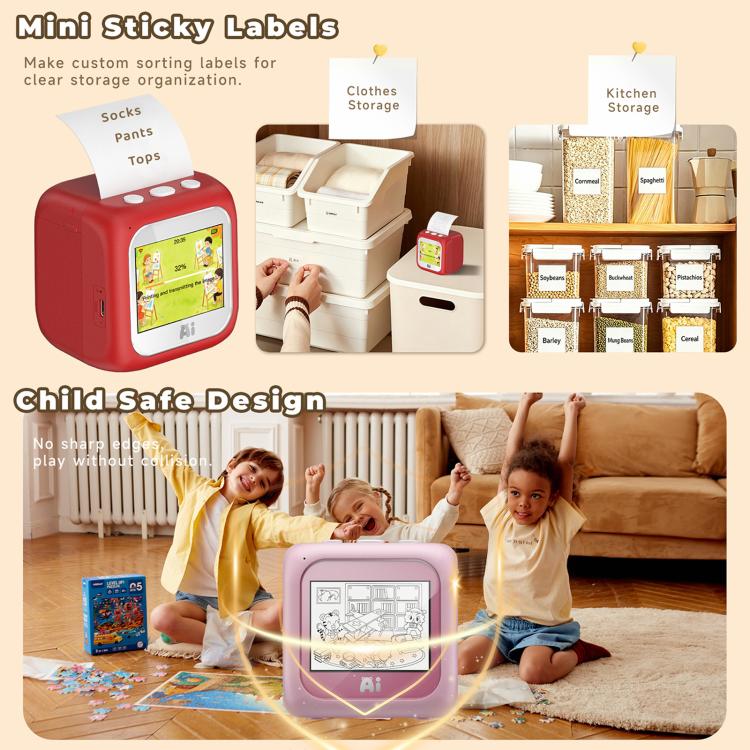 Kids AI printer with red body and small screen, with sticky label example
