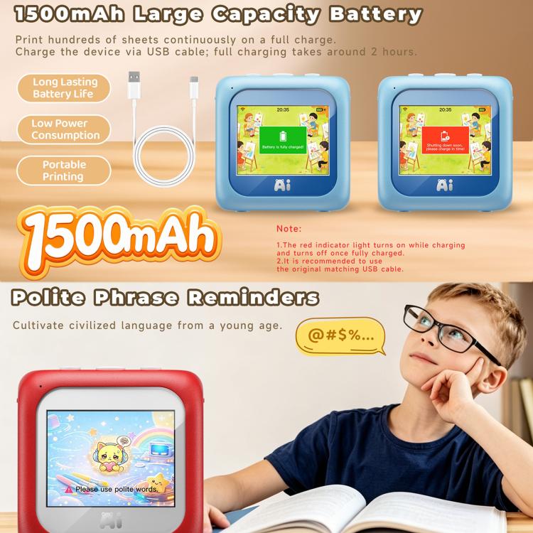 Kids AI printer with blue body, charging and battery capacity shown on screen