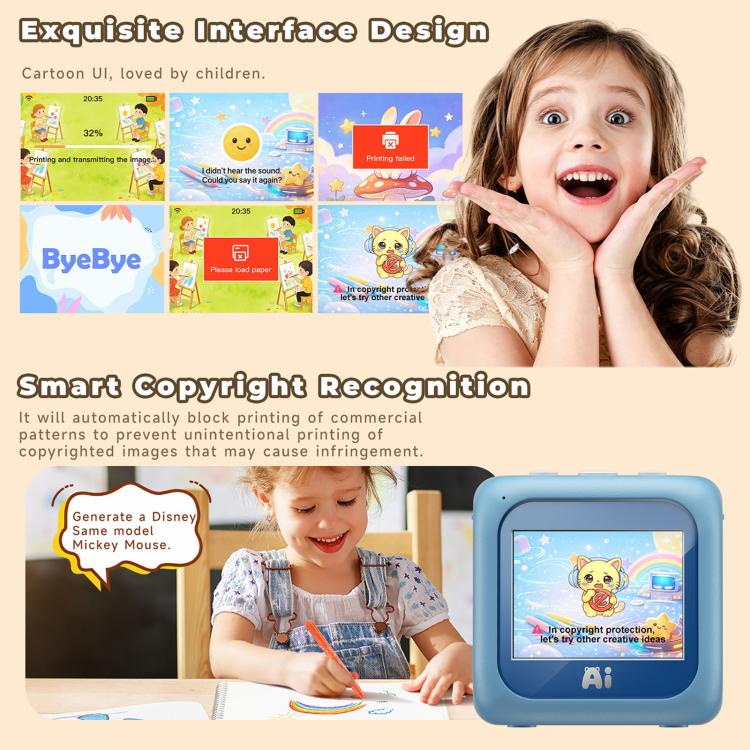 Kids AI printer with blue body and screen, next to a child drawing