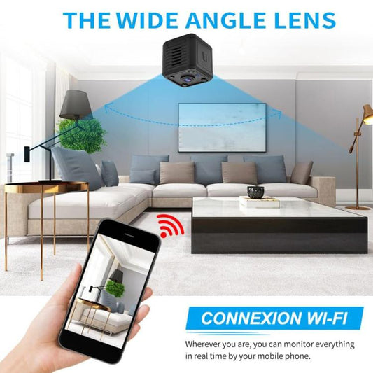 Black mini cube Wi‑Fi camera with wide-angle lens aimed toward a room